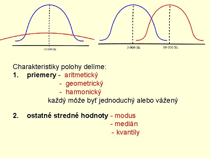 Charakteristiky polohy delíme: 1. priemery - aritmetický - geometrický - harmonický každý môže byť