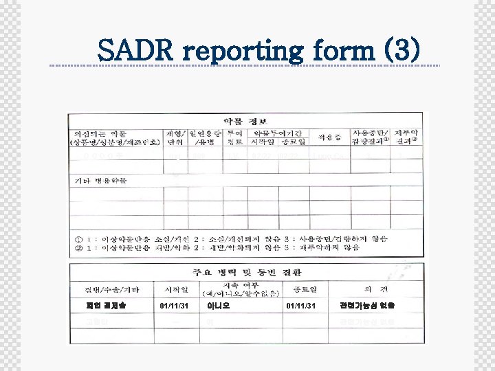 SADR reporting form (3) OOOO주 폐엽 절제술 고혈압 mg 01/11/31 ㅡ 800 I. V.