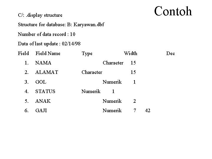 Contoh C/: . display structure Structure for database: B: Karyawan. dbf Number of data