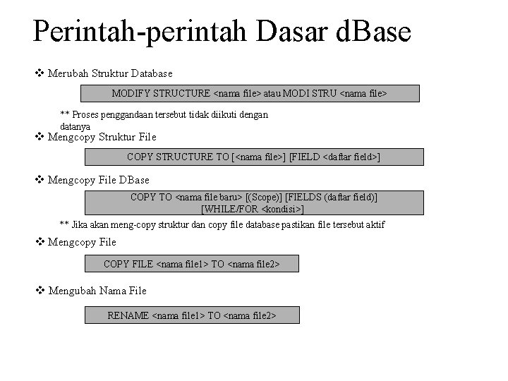 Perintah-perintah Dasar d. Base v Merubah Struktur Database MODIFY STRUCTURE <nama file> atau MODI