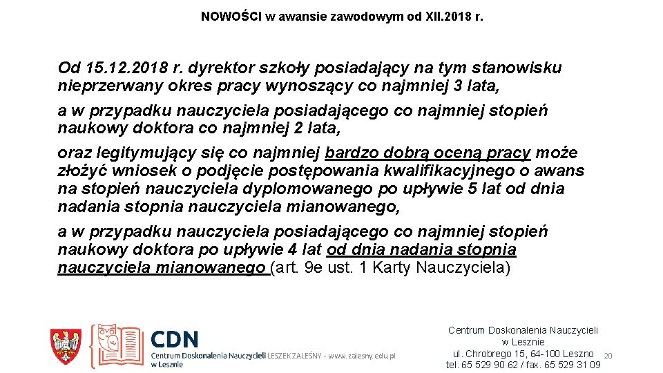 NOWOŚCI w awansie zawodowym od XII. 2018 r. Od 15. 12. 2018 r. dyrektor