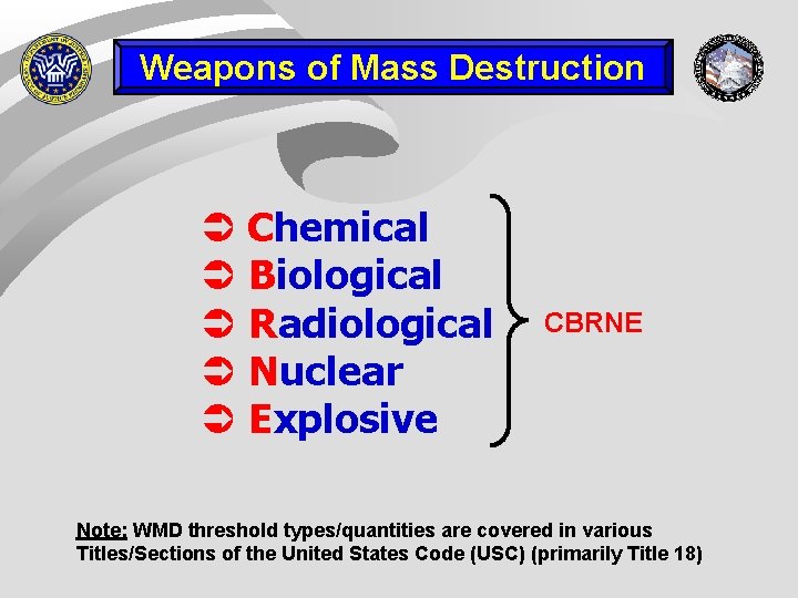Weapons of Mass Destruction Ü Chemical Ü Biological Ü Radiological Ü Nuclear Ü Explosive Weapons of Mass Destruction Ü Chemical Ü Biological Ü Radiological Ü Nuclear Ü Explosive
