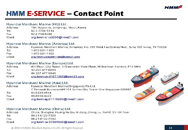 HMM E-SERVICE – Contact Point @ 2018 HYUNDAI Merchant Marine CO. , LTD. All