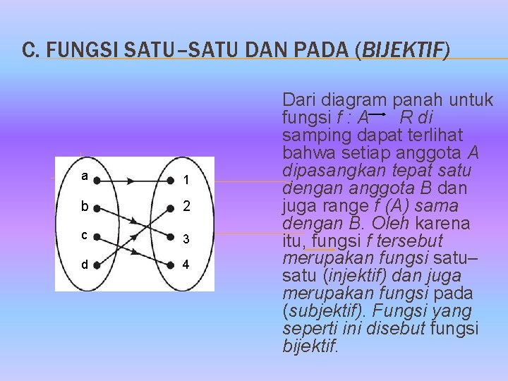C. FUNGSI SATU–SATU DAN PADA (BIJEKTIF) a 1 b 2 c 3 d 4