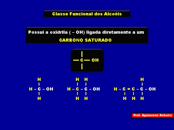 Classe Funcional dos Alcoóis Possui a oxidrila ( – OH) ligada diretamente a um