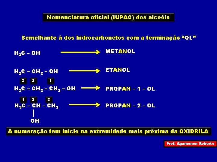 Nomenclatura oficial (IUPAC) dos alcoóis Semelhante à dos hidrocarbonetos com a terminação “OL” H