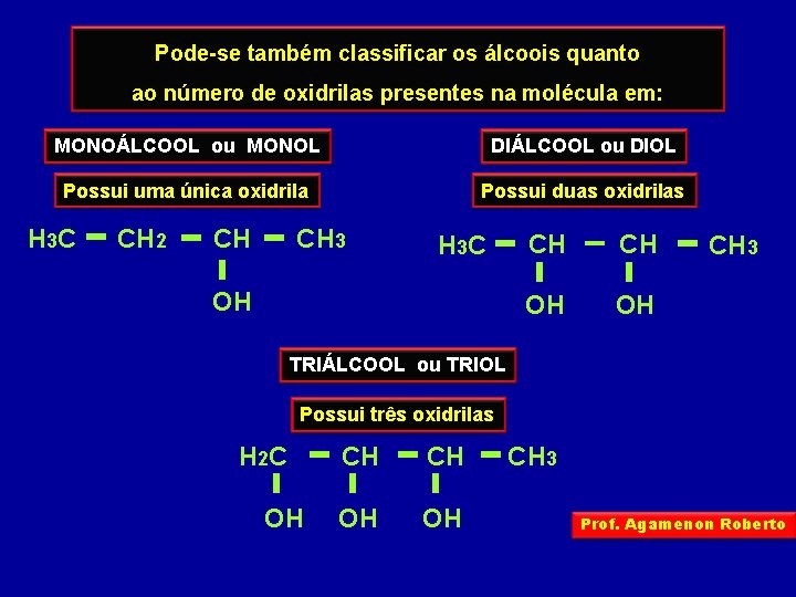 Pode-se também classificar os álcoois quanto ao número de oxidrilas presentes na molécula em: