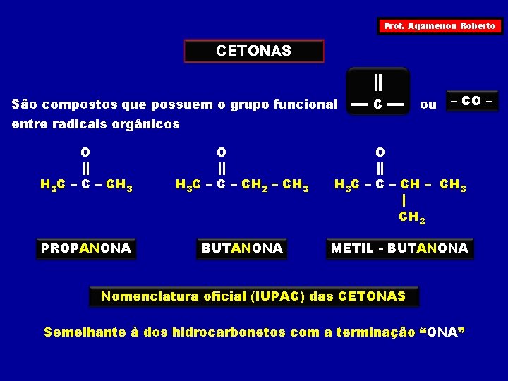Prof. Agamenon Roberto CETONAS São compostos que possuem o grupo funcional C ou –