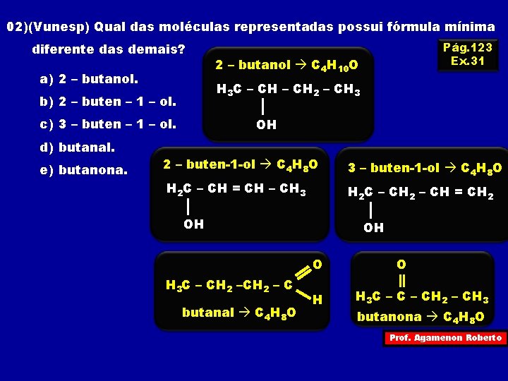 02)(Vunesp) Qual das moléculas representadas possui fórmula mínima diferente das demais? a) 2 –