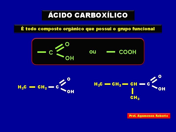 ÁCIDO CARBOXÍLICO É todo composto orgânico que possui o grupo funcional O ou C
