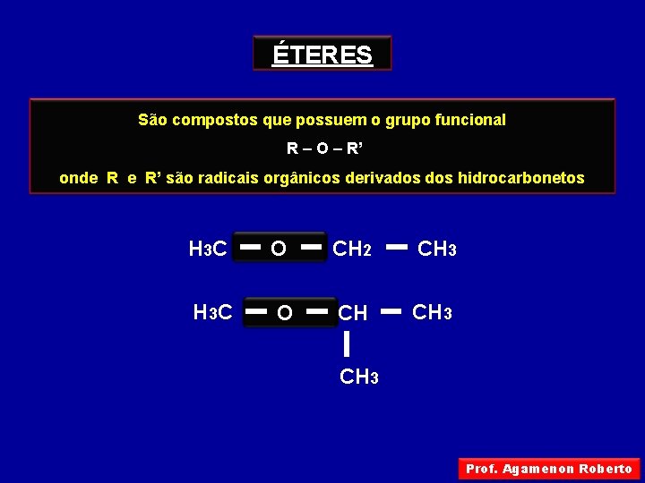 ÉTERES São compostos que possuem o grupo funcional R – O – R’ onde
