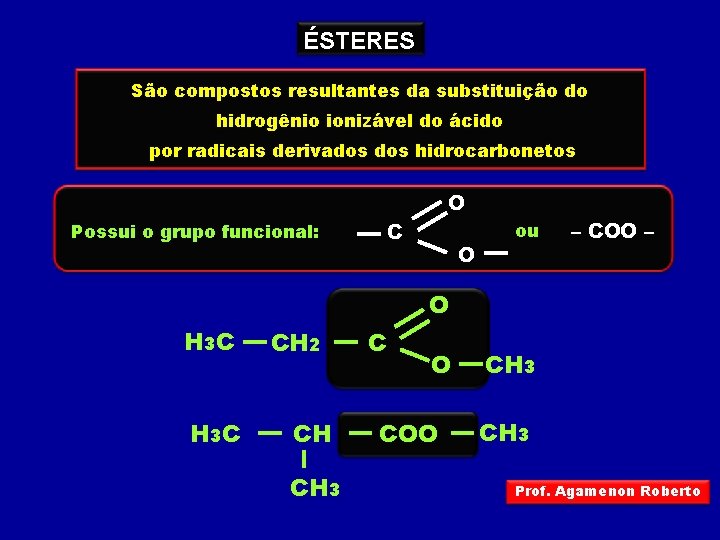 ÉSTERES São compostos resultantes da substituição do hidrogênio ionizável do ácido por radicais derivados