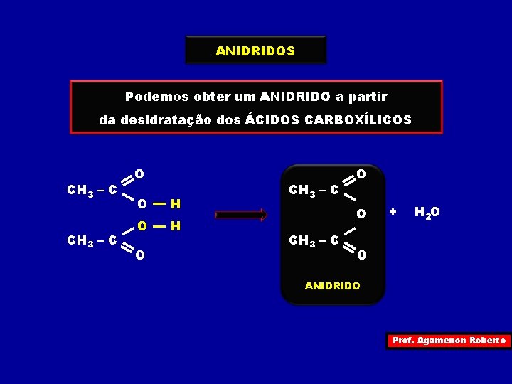 ANIDRIDOS Podemos obter um ANIDRIDO a partir da desidratação dos ÁCIDOS CARBOXÍLICOS H O