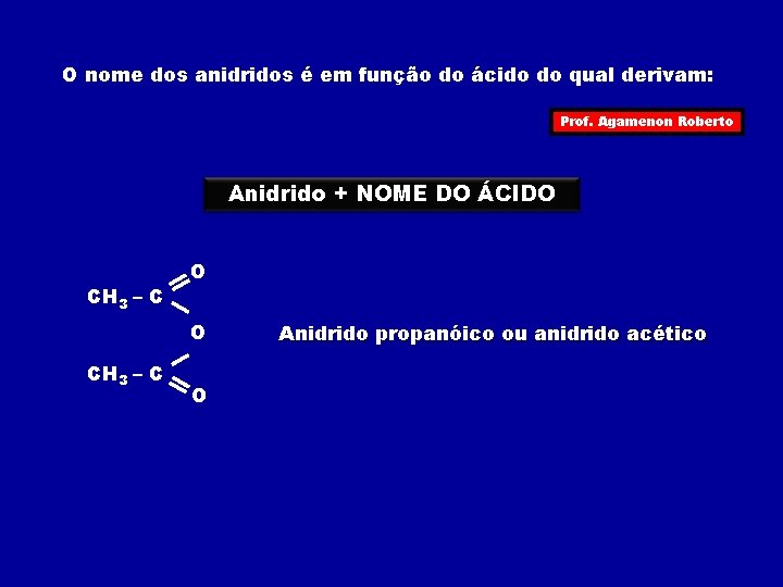 O nome dos anidridos é em função do ácido do qual derivam: Prof. Agamenon