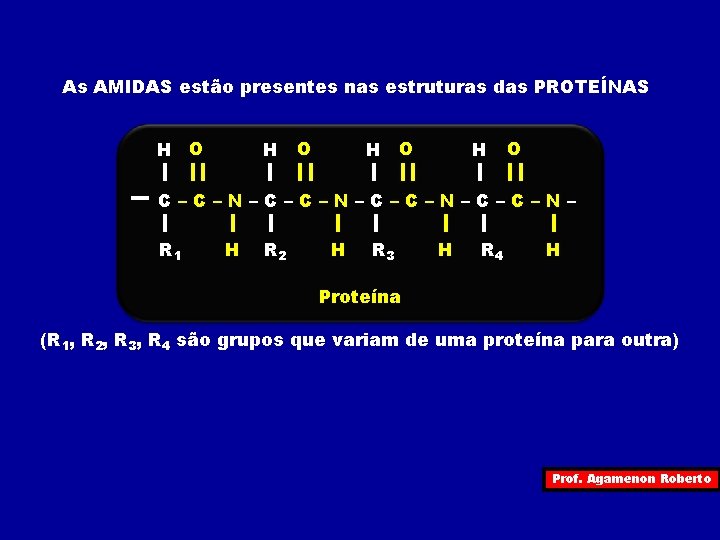 As AMIDAS estão presentes nas estruturas das PROTEÍNAS H O H O C–C–N–C–C–N– R