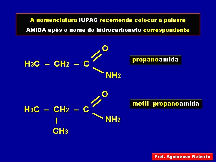 A nomenclatura IUPAC recomenda colocar a palavra AMIDA após o nome do hidrocarboneto correspondente