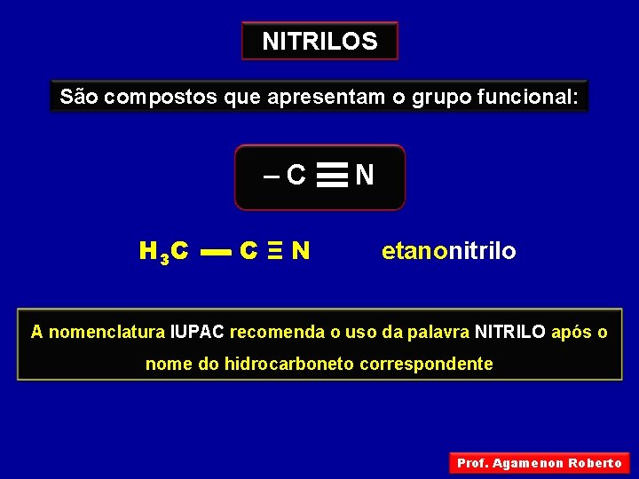 NITRILOS São compostos que apresentam o grupo funcional: –C H 3 C CΞN N