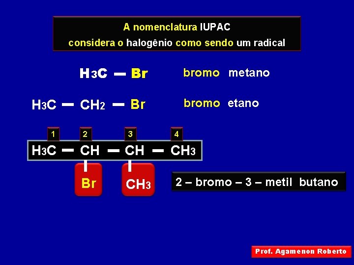 A nomenclatura IUPAC considera o halogênio como sendo um radical H 3 C 1