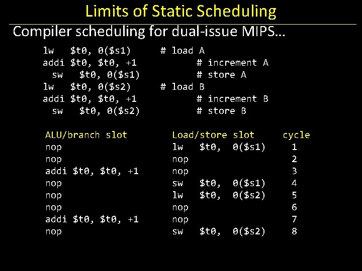 Limits of Static Scheduling Compiler scheduling for dual-issue MIPS… lw addi sw $t 0,