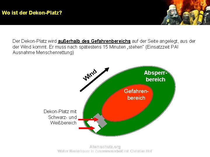 Wo ist der Dekon-Platz? Der Dekon-Platz wird außerhalb des Gefahrenbereichs auf der Seite angelegt, Wo ist der Dekon-Platz? Der Dekon-Platz wird außerhalb des Gefahrenbereichs auf der Seite angelegt,