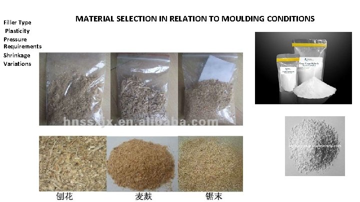 Filler Type Plasticity Pressure Requirements Shrinkage Variations MATERIAL SELECTION IN RELATION TO MOULDING CONDITIONS