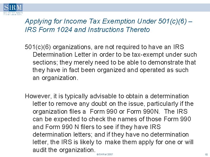 Applying for Income Tax Exemption Under 501(c)(6) – IRS Form 1024 and Instructions Thereto
