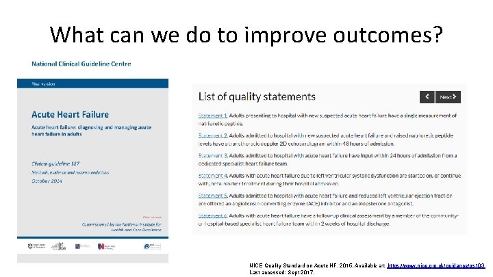 What can we do to improve outcomes? NICE Quality Standard on Acute HF. 2015. What can we do to improve outcomes? NICE Quality Standard on Acute HF. 2015.
