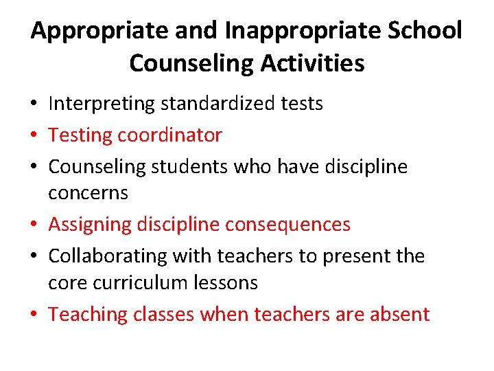 Appropriate and Inappropriate School Counseling Activities • Interpreting standardized tests • Testing coordinator •