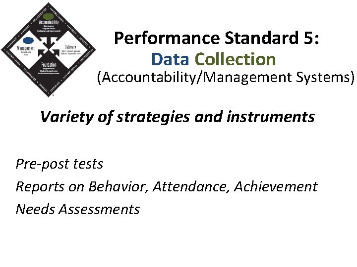 Performance Standard 5: Data Collection (Accountability/Management Systems) Variety of strategies and instruments Pre-post tests