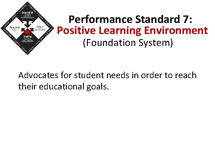 Performance Standard 7: Positive Learning Environment (Foundation System) Advocates for student needs in order