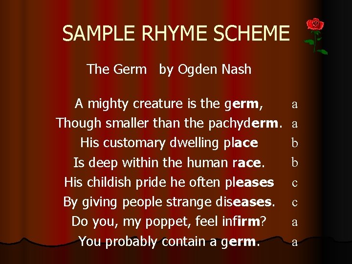 SAMPLE RHYME SCHEME The Germ by Ogden Nash A mighty creature is the germ,