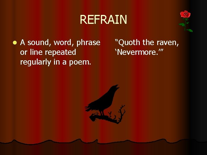 REFRAIN l A sound, word, phrase or line repeated regularly in a poem. “Quoth