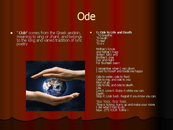 Ode l "Ode" comes from the Greek aeidein, meaning to sing or chant, and