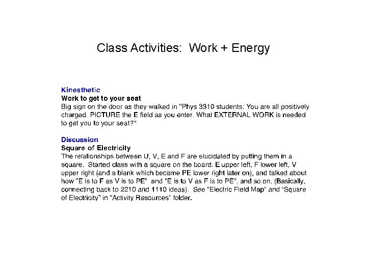 Class Activities: Work + Energy 