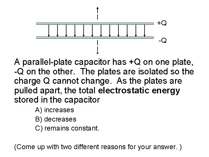 +Q -Q A parallel-plate capacitor has +Q on one plate, -Q on the other.