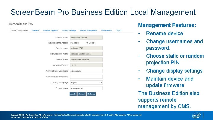 Screen. Beam Pro Business Edition Local Management Features: • • Rename device • Choose
