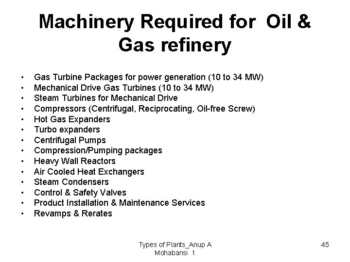 Machinery Required for Oil & Gas refinery • • • • Gas Turbine Packages