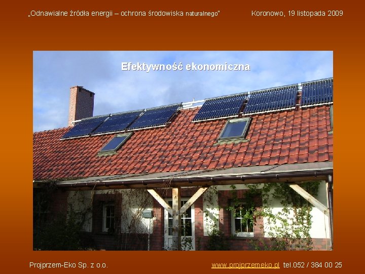 „Odnawialne źródła energii – ochrona środowiska naturalnego” Koronowo, 19 listopada 2009 Efektywność ekonomiczna Projprzem-Eko