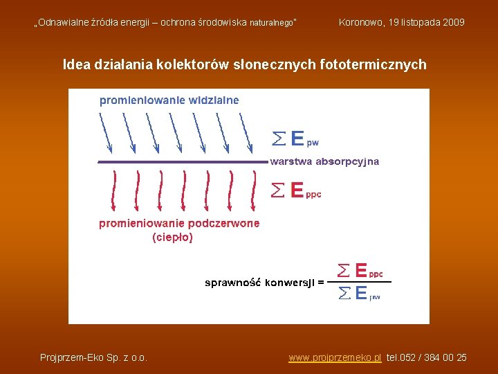 „Odnawialne źródła energii – ochrona środowiska naturalnego” Koronowo, 19 listopada 2009 Idea działania kolektorów