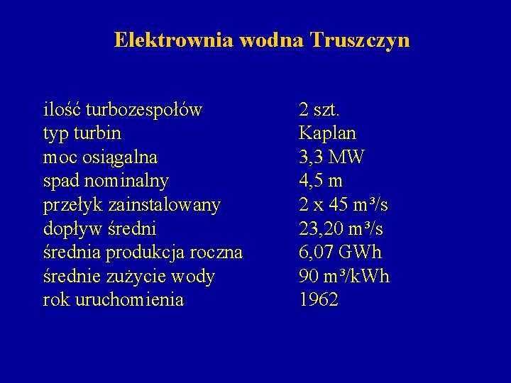 Elektrownia wodna Truszczyn ilość turbozespołów typ turbin moc osiągalna spad nominalny przełyk zainstalowany dopływ