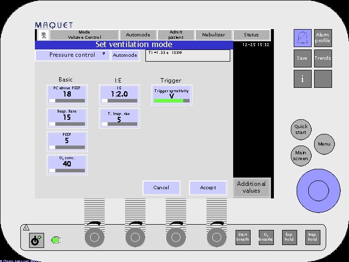 Mode Volume Control Pressure control Basic PC above PEEP 18 Resp. Rate 15 Automode