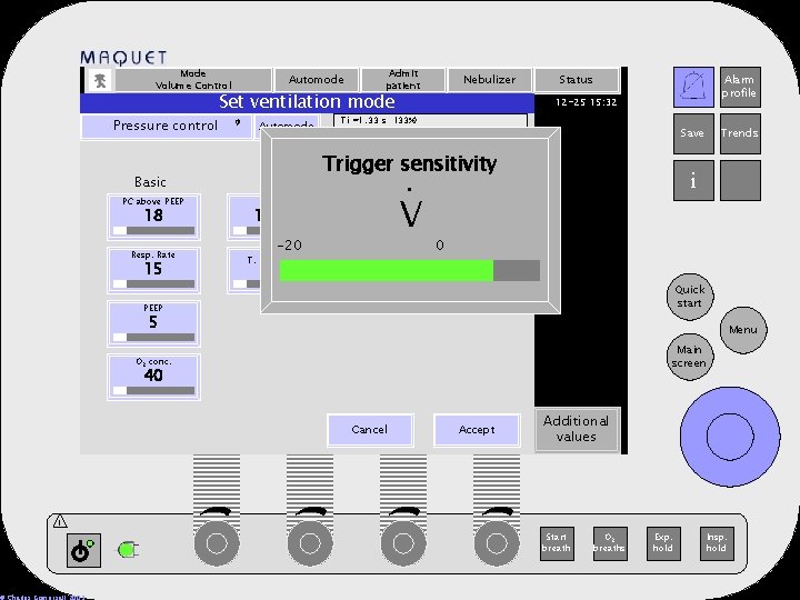 Mode Volume Control Pressure control Basic PC above PEEP 18 Resp. Rate 15 Automode