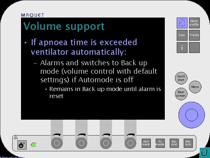 Volume support Alarm profile 12 -25 15: 32 Save • If apnoea time is