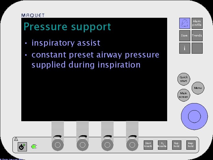 Pressure support Alarm profile 12 -25 15: 32 Save • inspiratory assist • constant