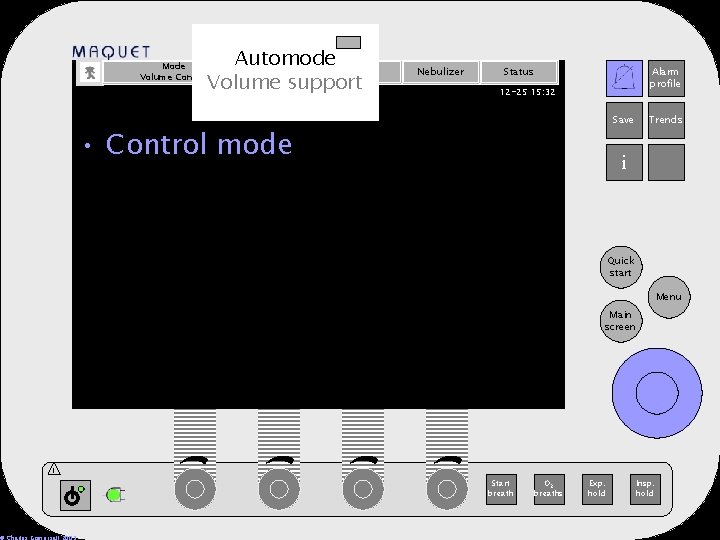 Automode Admit patient Volume support Mode Volume Control Nebulizer Status Alarm profile 12 -25