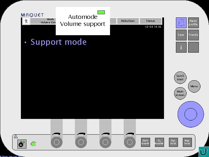 Automode Admit patient Volume support Mode Volume Control Nebulizer Status Alarm profile 12 -25