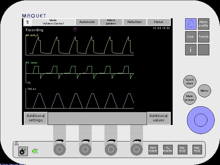 Mode Volume Control Recording Automode T Admit patient Nebulizer Status Alarm profile 12 -25