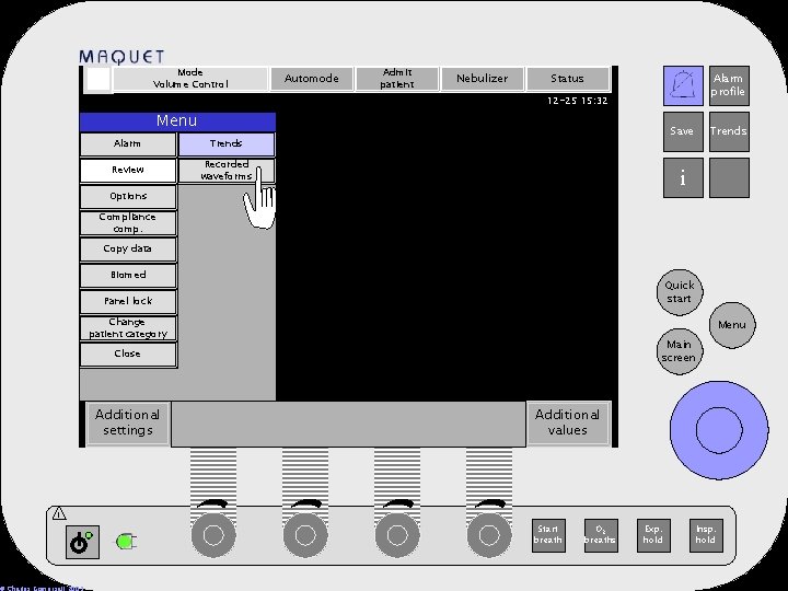 Mode Volume Control Automode Admit patient Nebulizer Status Alarm profile 12 -25 15: 32