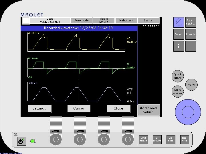 Mode Volume Control Automode Admit patient Nebulizer Status Alarm profile 12 -25 15: 32