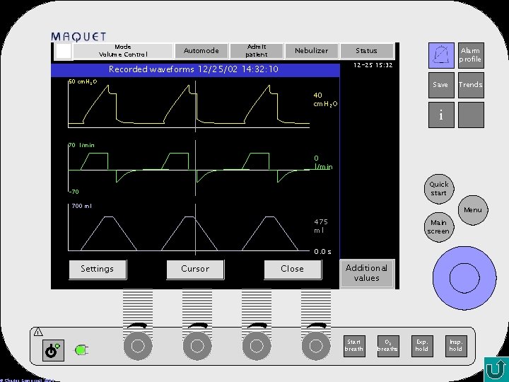 Mode Volume Control Automode Admit patient Nebulizer Status Alarm profile 12 -25 15: 32